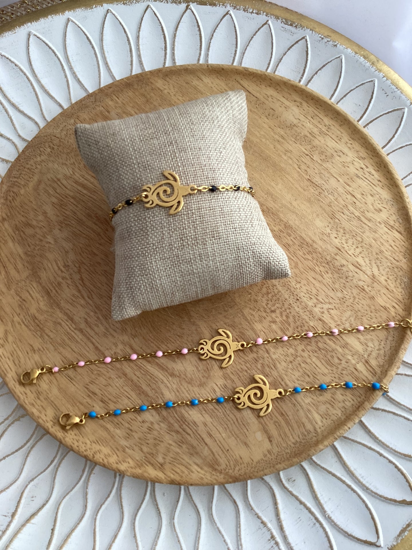 Bracelet Chainette   Acier inoxydable doré   Tortue Couleur au choix Rose Bleu Noir