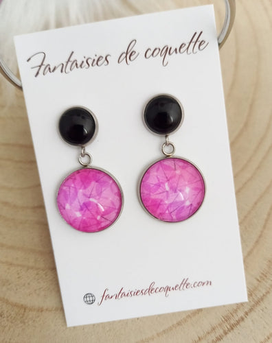 Boucles D'oreilles illustrées Noir rose ❤ Fait-main ❤ clous