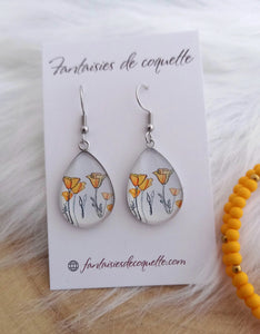 Boucles d'oreilles   Gouttes illustrées Fleurs    Argentées  Jaune Blanc  ❤ Fait main ❤