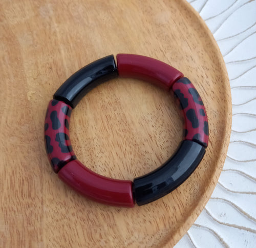 Bracelet  Tendance  perles tubes  Bordeaux Noir Léopard   ❤ Fait main ❤