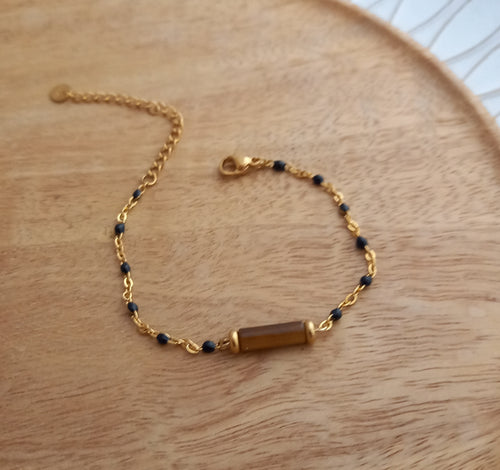 Bracelet Chainette Acier inoxydable doré  émail noir Oeil de tigre   ❤ Fait main ❤