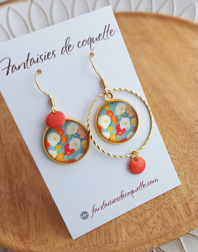 Boucles d'oreilles  asymétriques  illustrées Fait-main ❤ dépareillées    Fleurs Orange