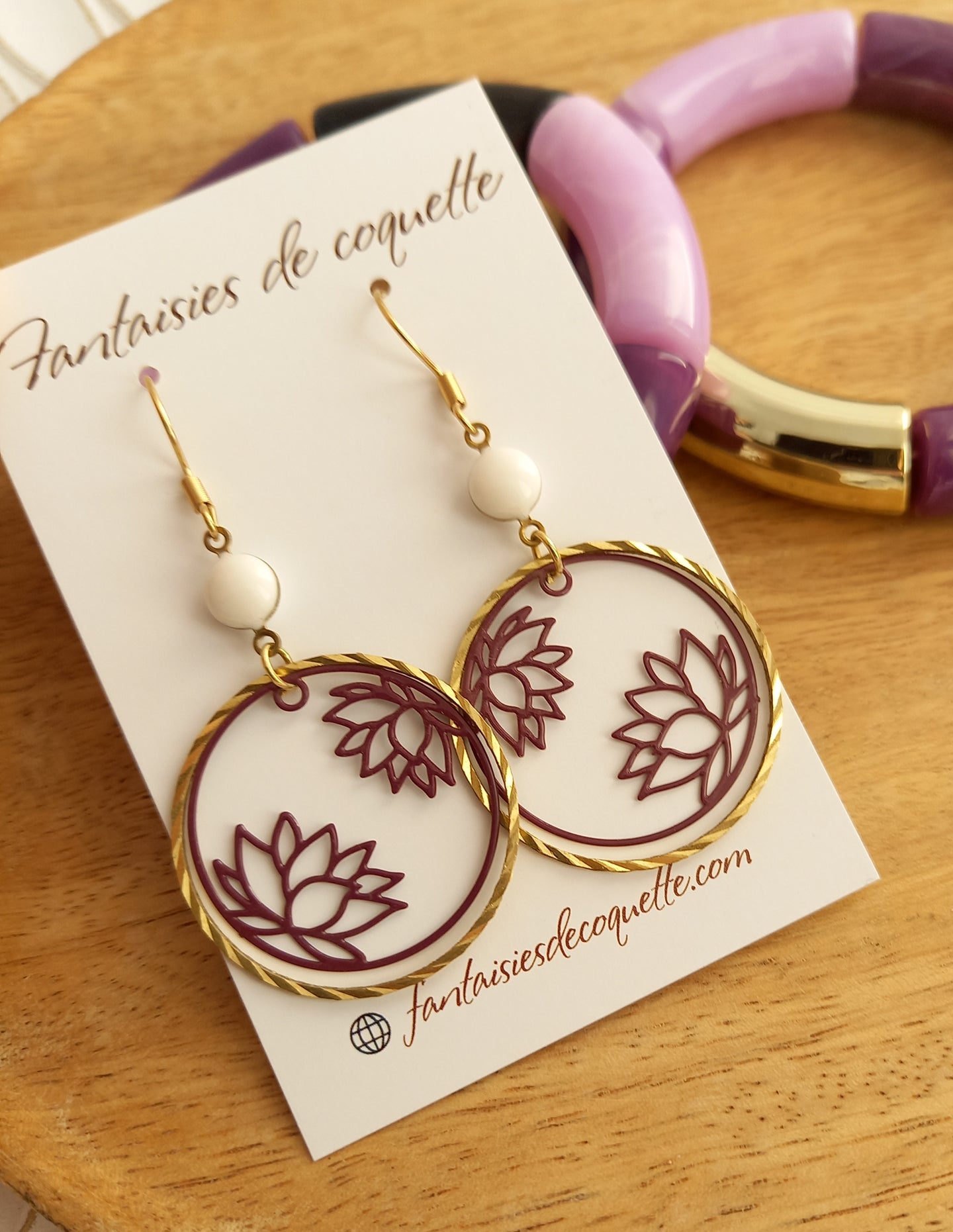 Boucles d'oreilles Lotus  Mauve 🌸 Doré