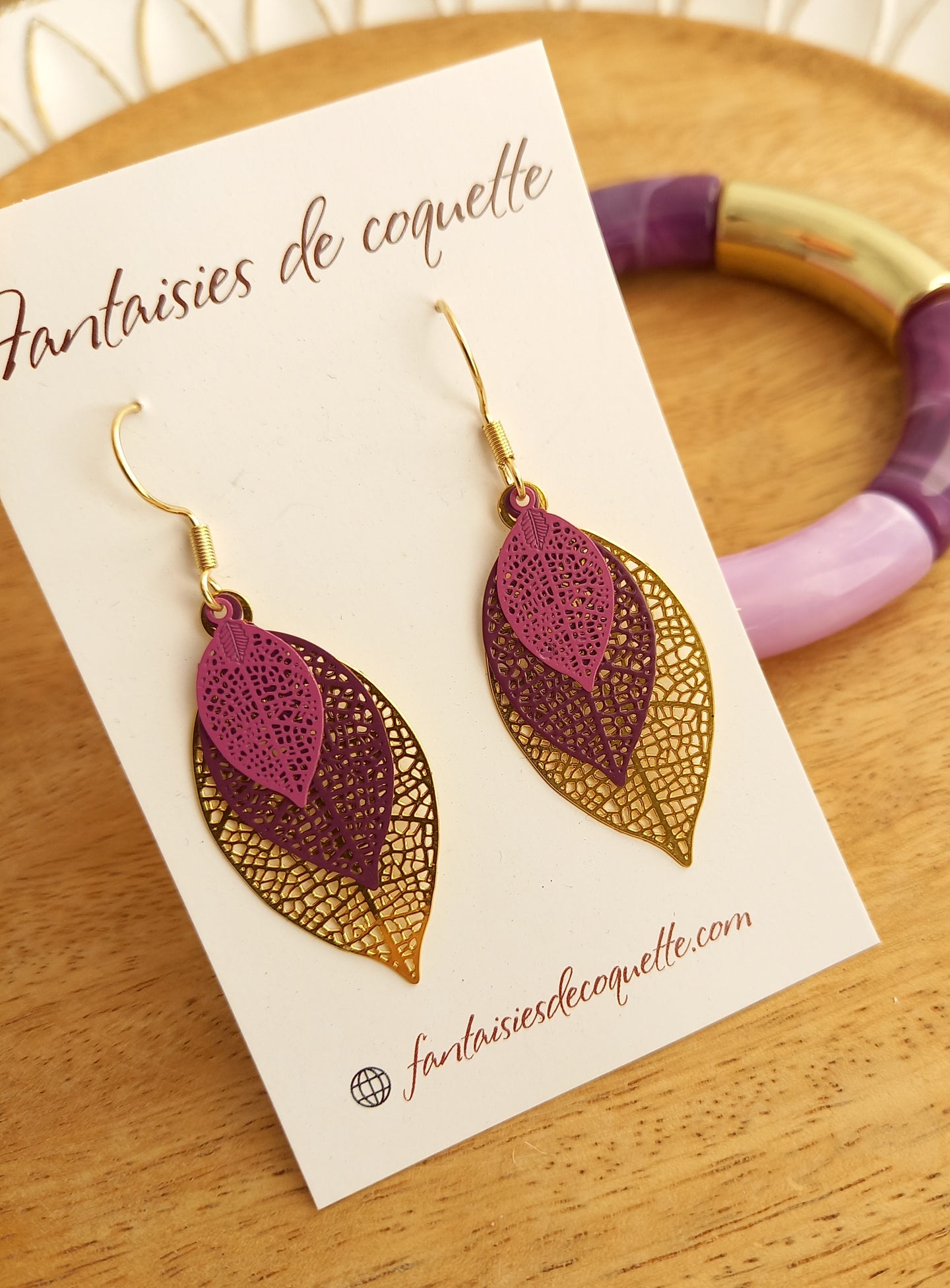 Boucles d'oreilles Feuilles  Mauve 🌸 Doré