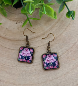 Boucles d'oreilles  illustrées   Bronze  Fleurs Tropicales ❤ Fait main ❤ Forme Carrée