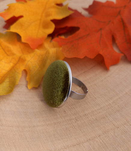 Bague Fantaisie Tissu Velours vert olive 🍂 Taille Réglable