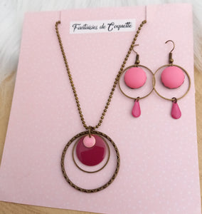 ⭐ Duo Promo ⭐Parure  Sautoir  Pendentif bronze & boucles d'oreilles assorties Rétro Rose mauve ❤ Fait main