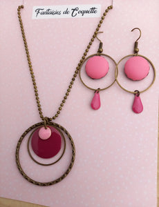 ⭐ Duo Promo ⭐Parure  Sautoir  Pendentif bronze & boucles d'oreilles assorties Rétro Rose mauve ❤ Fait main