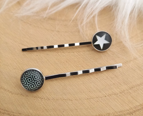 Lot de 2 Barrettes illustrées Noir Blanc Etoiles Géometrique