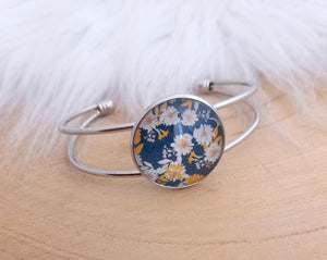 Bracelet jonc argenté illustration Petits fleurs  💟  Fait-main  💟  Bleu Jaune