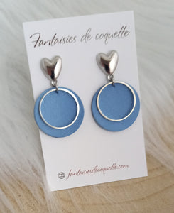 Boucles d'oreilles  Cuir  Bleu Clous coeur  ❤ Fait main ❤