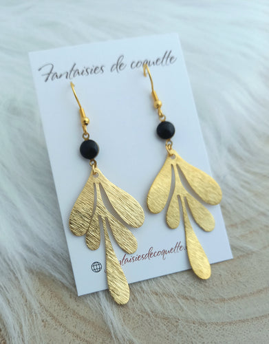 Boucles d'oreilles dorées Feuilles  🌟 noir  🌟 ❤ Fait main ❤