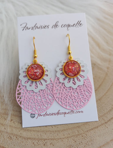 Boucles d'oreilles Rose  Blanc    ❤️  Fait main ❤  doré