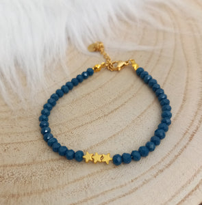 Bracelet fin Perles de verre Bleu pétrole doré   Etoiles ❤  Fait-main