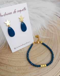 Bracelet fin Perles de verre Bleu pétrole doré   Etoiles ❤  Fait-main