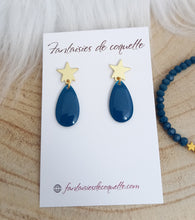 Charger l&#39;image dans la galerie, Boucles d&#39;oreilles Clous  Etoiles    Bleu pétrole  doré    Acier inoxydable